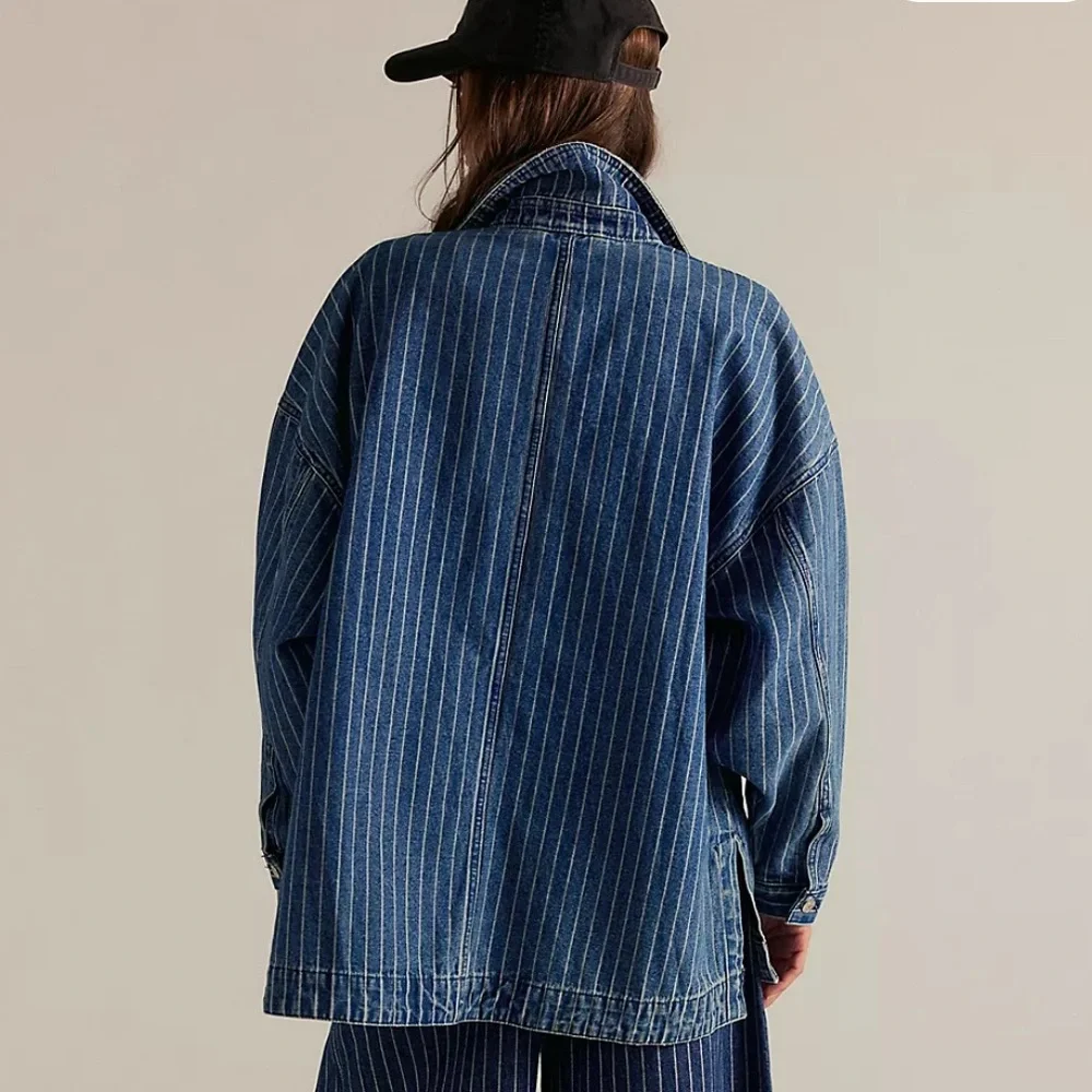 NWT Free People We The Free Madison City Pinstripe Denim Jacket Size Large - Picture 2 of 15